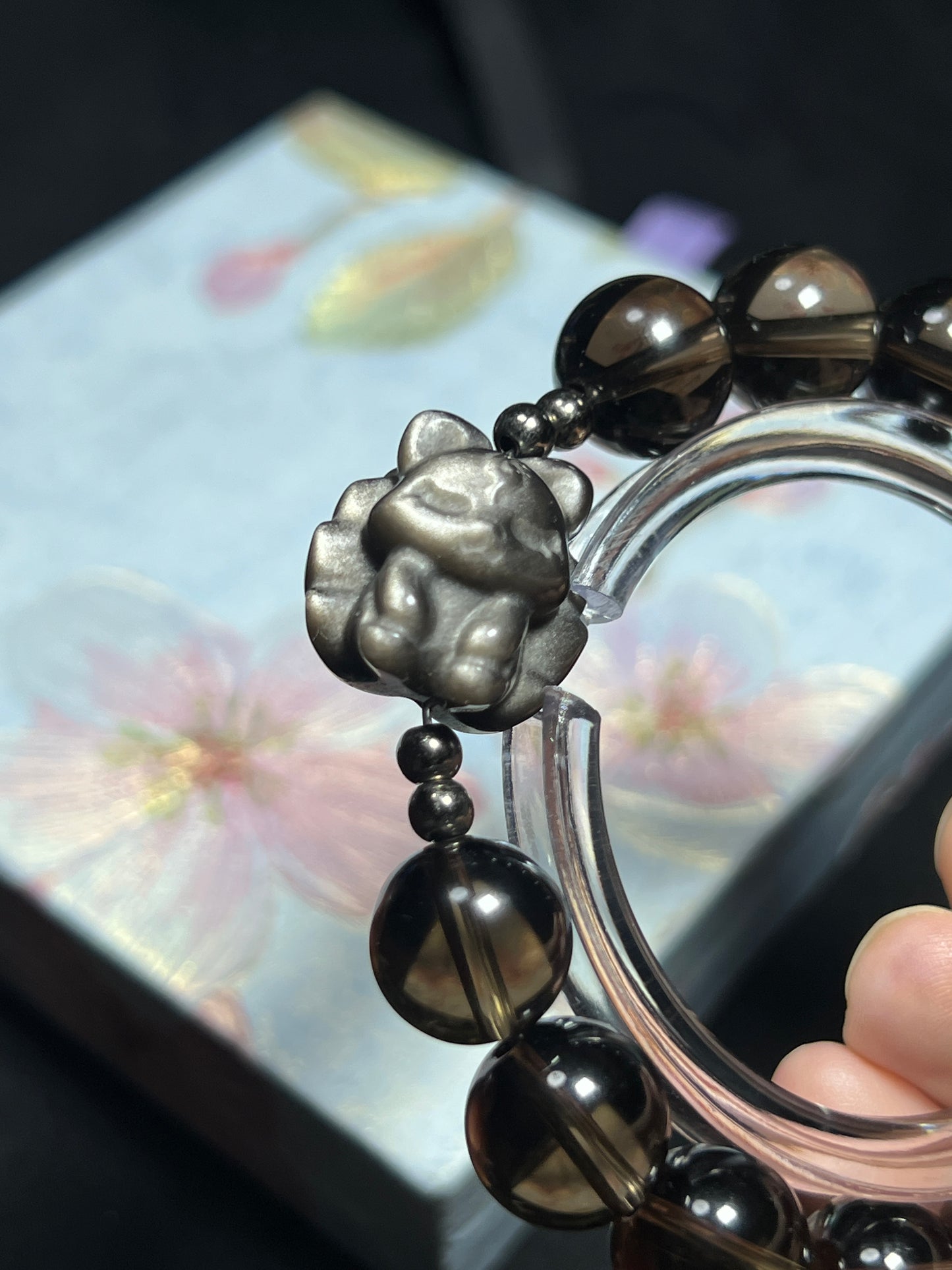 Design Bracelet | Natural Smoky Quartz & Silver Sheen Obsidian Nine tail Fox
