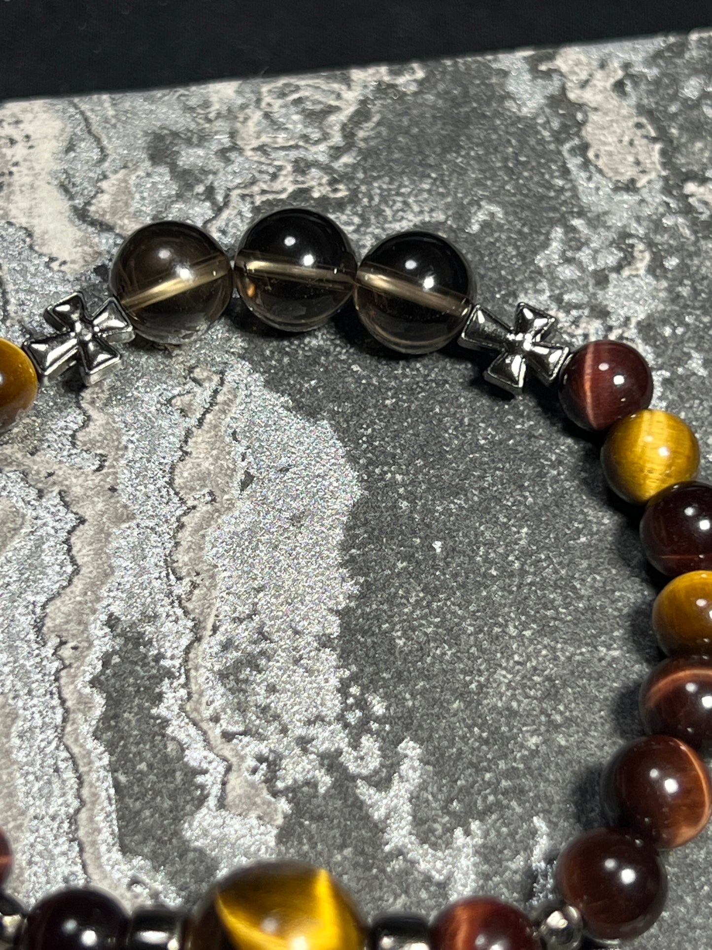 Design Bracelet | Natural Yellow, Red & Blue Tiger Eye, Smoky Quartz