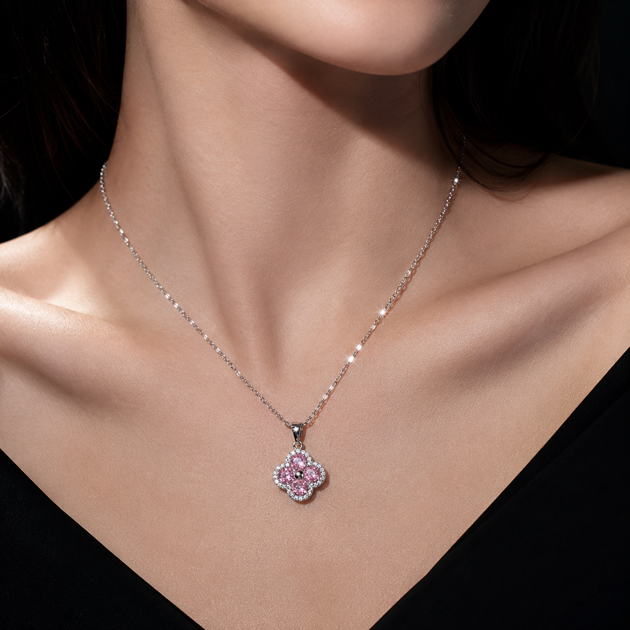 🌸 Pink Zircon Flower Pendant Titanium Steel Necklace