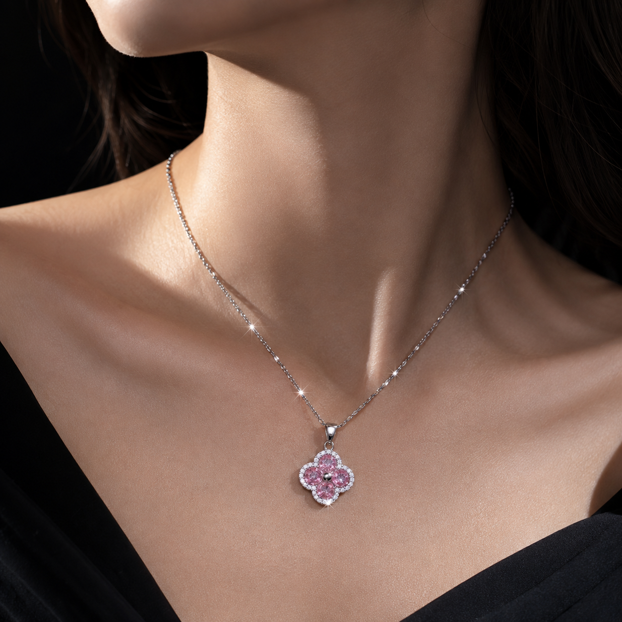 🌸 Pink Zircon Flower Pendant Titanium Steel Necklace