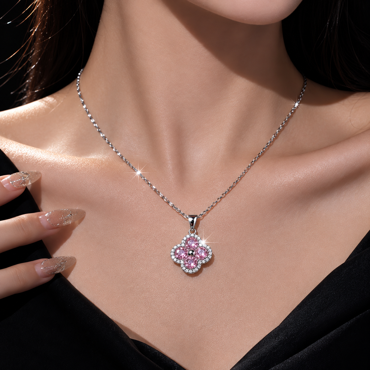 🌸 Pink Zircon Flower Pendant Titanium Steel Necklace