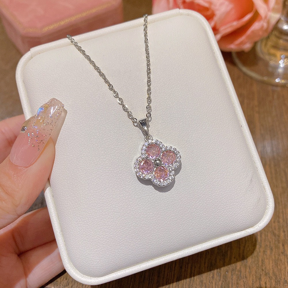 🌸 Pink Zircon Flower Pendant Titanium Steel Necklace