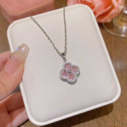 🌸 Pink Zircon Flower Pendant Titanium Steel Necklace