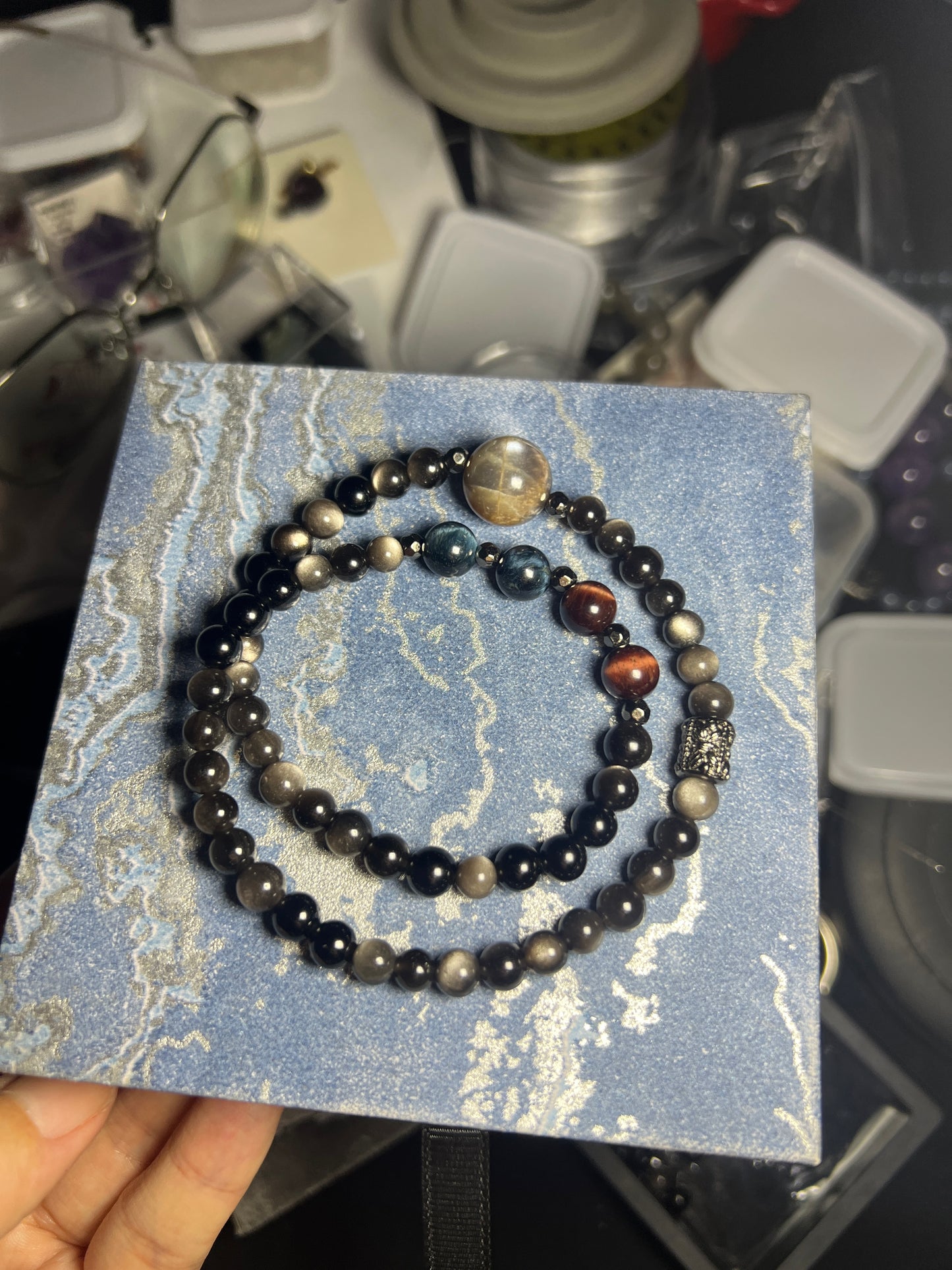 🖤 Black Moonstone × Silver Sheen Obsidian × Blue Tiger Eye × Red Tiger Eye