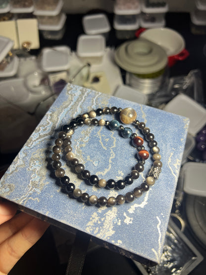 🖤 Black Moonstone × Silver Sheen Obsidian × Blue Tiger Eye × Red Tiger Eye
