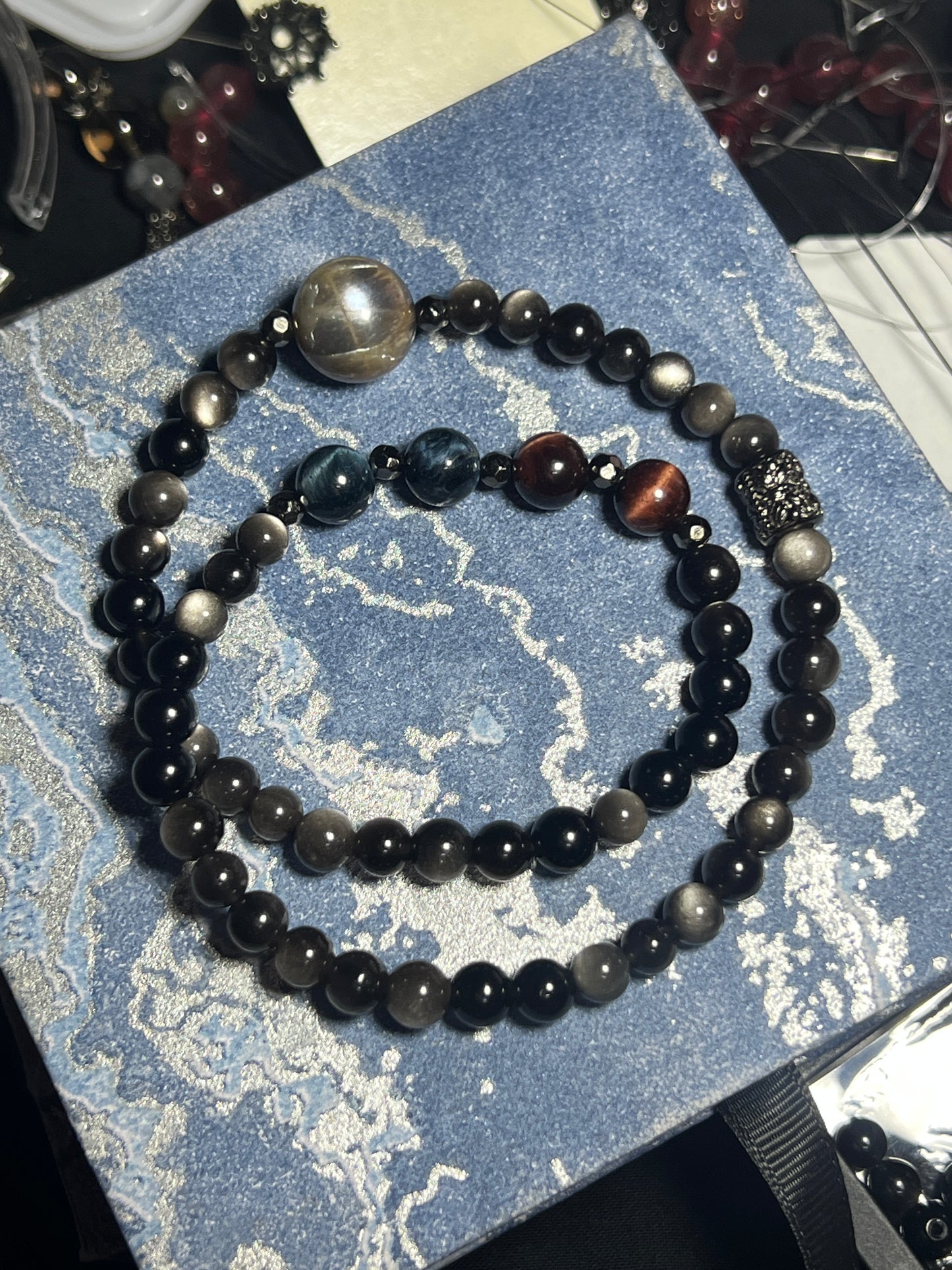 🖤 Black Moonstone × Silver Sheen Obsidian × Blue Tiger Eye × Red Tiger Eye