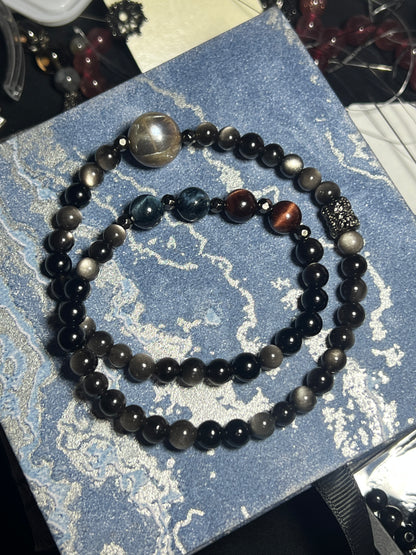 🖤 Black Moonstone × Silver Sheen Obsidian × Blue Tiger Eye × Red Tiger Eye