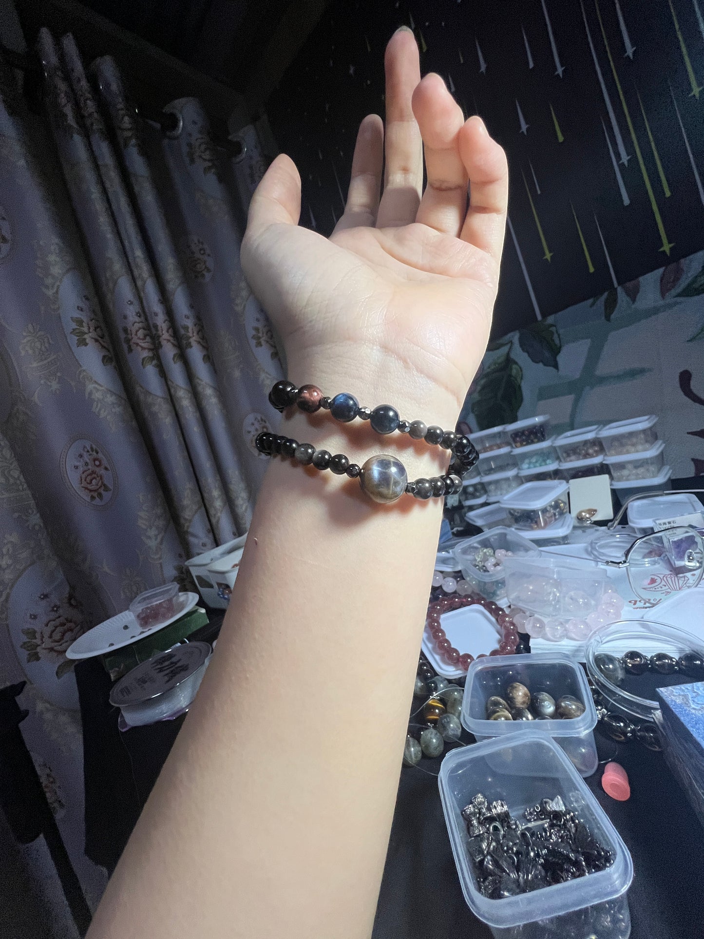 🖤 Black Moonstone × Silver Sheen Obsidian × Blue Tiger Eye × Red Tiger Eye