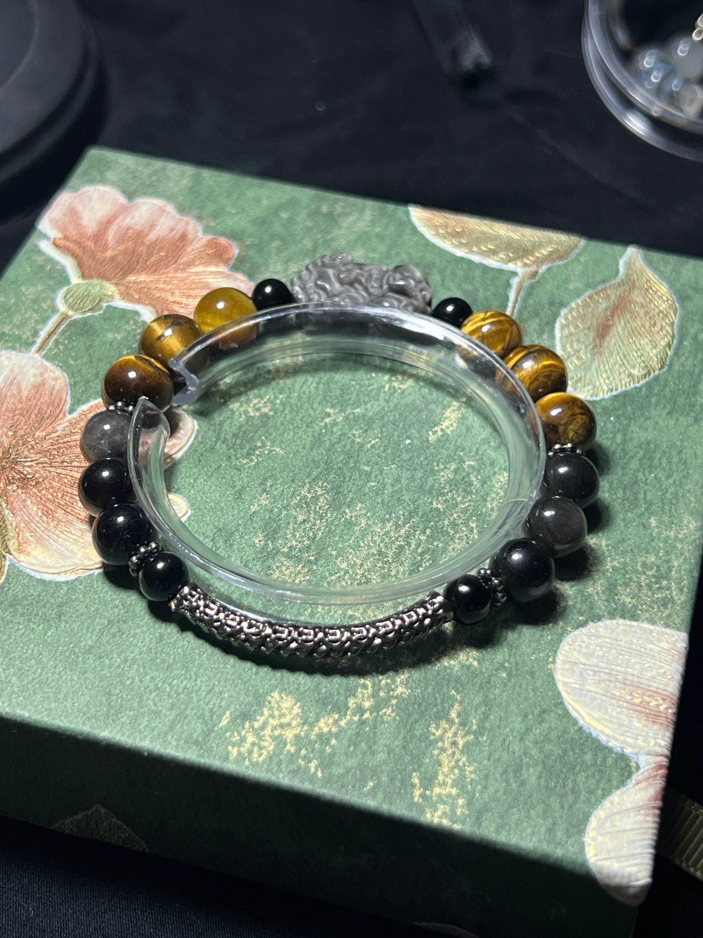 Design Bracelet | Natural Yellow Tiger Eye & Silver Sheen Obsidian