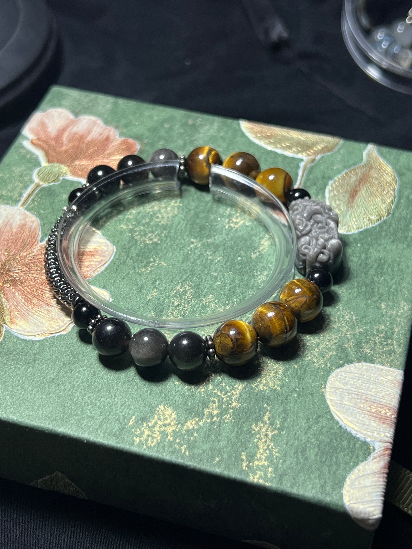 Design Bracelet | Natural Yellow Tiger Eye & Silver Sheen Obsidian