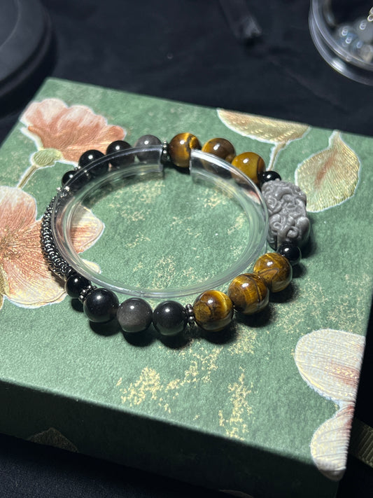 Design Bracelet | Natural Yellow Tiger Eye & Silver Sheen Obsidian
