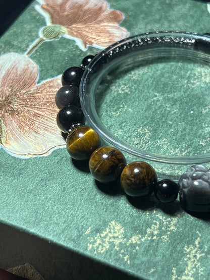 Design Bracelet | Natural Yellow Tiger Eye & Silver Sheen Obsidian