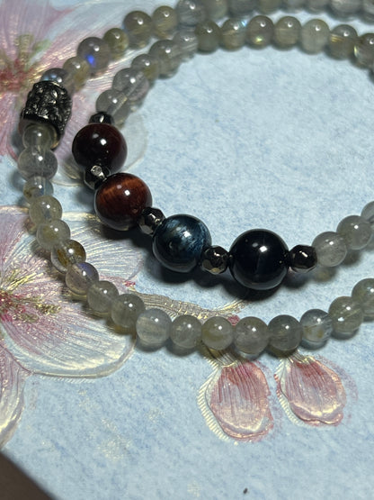 Design Bracelet | Natural Labradorite, Blue Tiger Eye & Red Tiger Eye