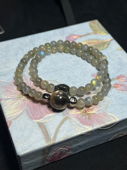 Design Double Wrap Bracelet | Natural Labradorite & Black Moonstone
