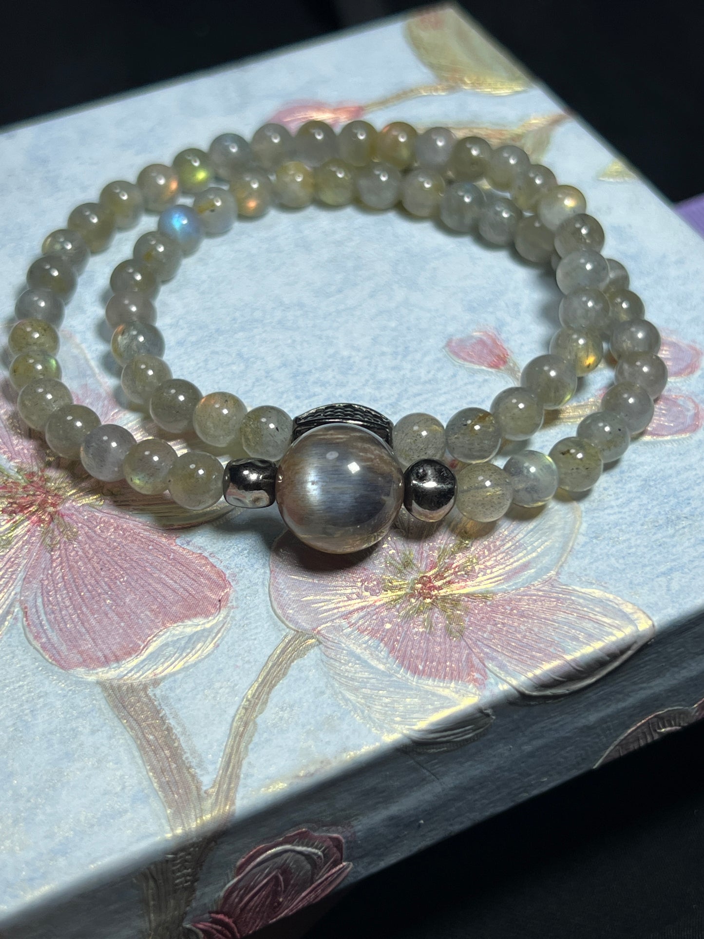 Design Double Wrap Bracelet | Natural Labradorite & Black Moonstone
