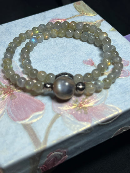Design Double Wrap Bracelet | Natural Labradorite & Black Moonstone
