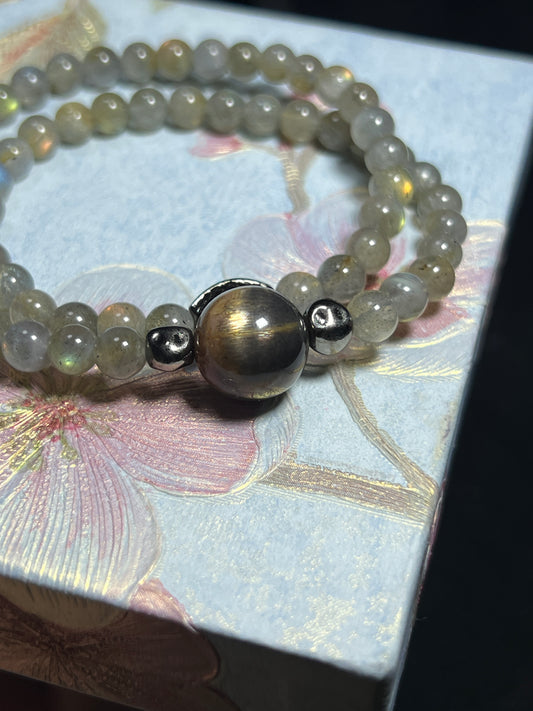 Design Double Wrap Bracelet | Natural Labradorite & Black Moonstone