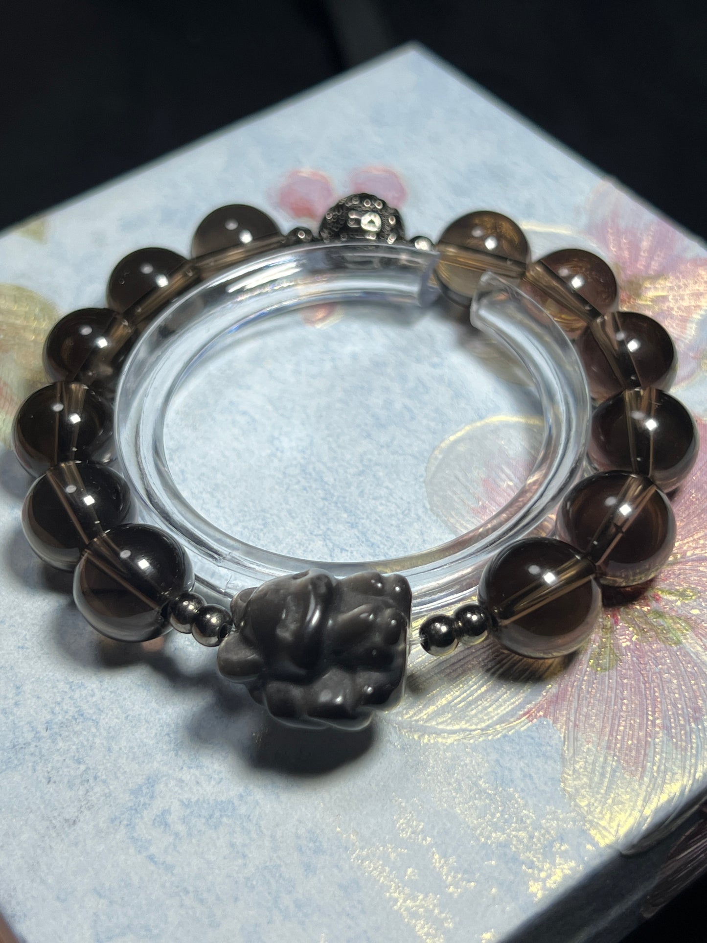 Design Bracelet | Natural Smoky Quartz & Silver Sheen Obsidian Nine tail Fox