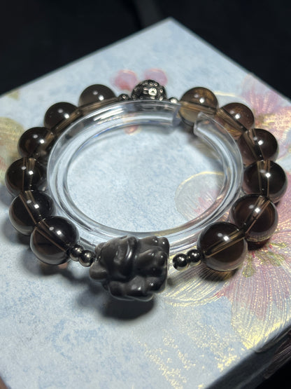 Design Bracelet | Natural Smoky Quartz & Silver Sheen Obsidian Nine tail Fox