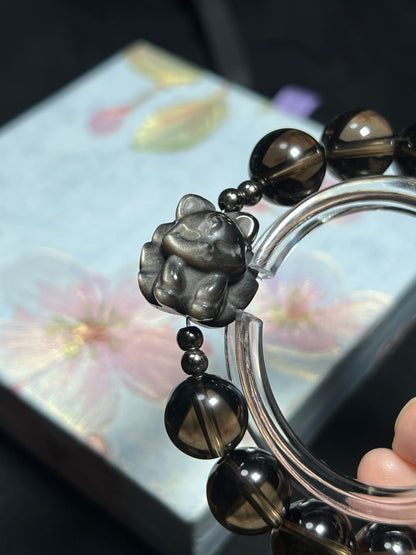 Design Bracelet | Natural Smoky Quartz & Silver Sheen Obsidian Nine tail Fox
