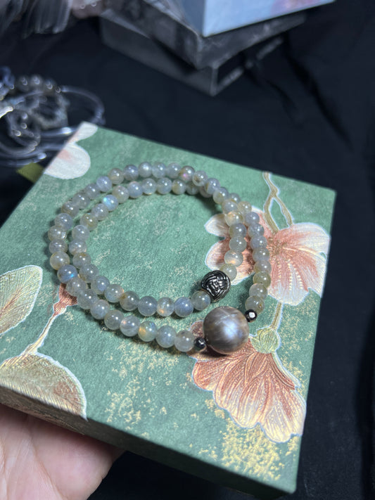 Design Double Wrap Bracelet | Natural Labradorite & Black Moonstone