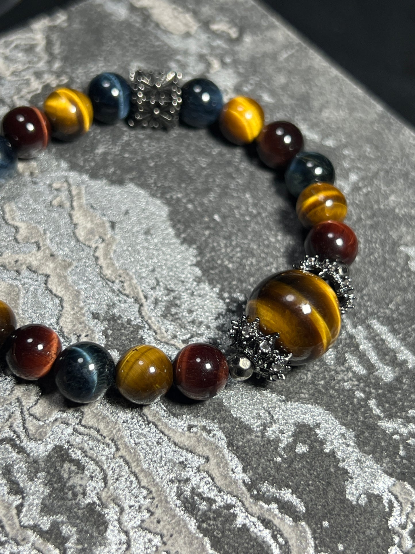 Design Bracelet | Natural Yellow, Red & Blue Tiger Eye