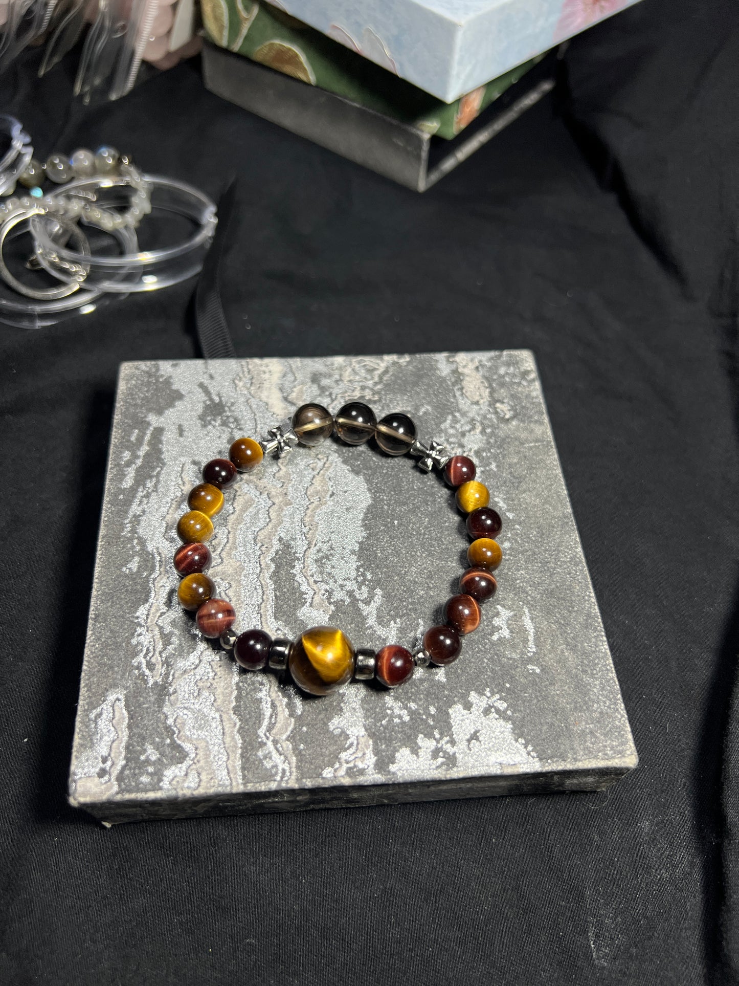 Design Bracelet | Natural Yellow, Red & Blue Tiger Eye, Smoky Quartz