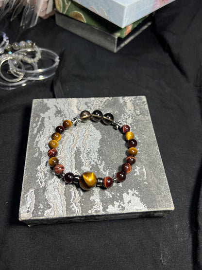 Design Bracelet | Natural Yellow, Red & Blue Tiger Eye, Smoky Quartz