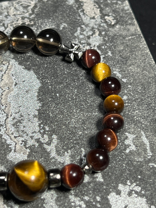 Design Bracelet | Natural Yellow, Red & Blue Tiger Eye, Smoky Quartz
