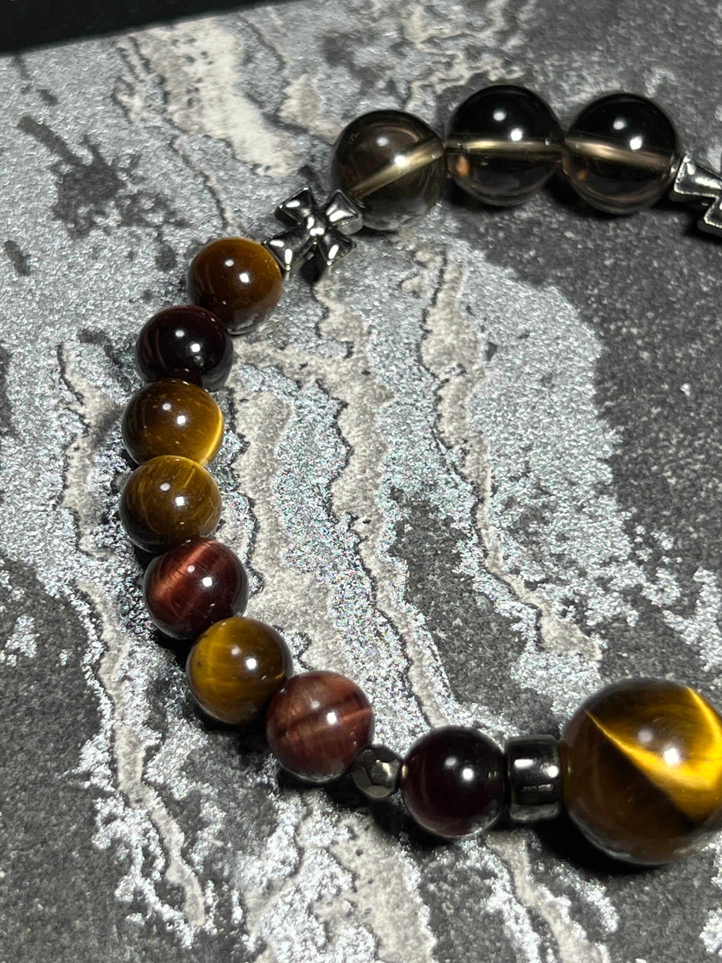 Design Bracelet | Natural Yellow, Red & Blue Tiger Eye, Smoky Quartz