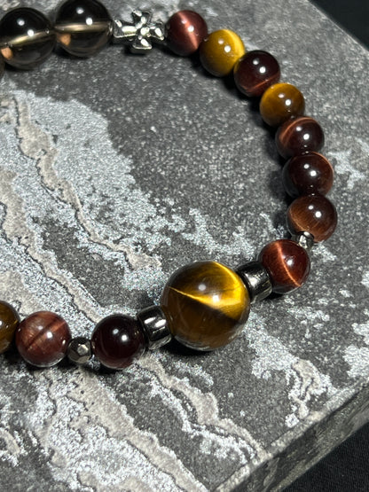 Design Bracelet | Natural Yellow, Red & Blue Tiger Eye, Smoky Quartz